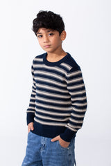 Boy’s Knitted Slim Fit Crew Neck Striped Long Sleeves Pullover