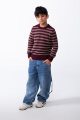 Boy’s Knitted Slim Fit Crew Neck Striped Long Sleeves Pullover
