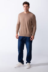 Men's Long Sleeve Classic Crew Neck Subtle Embossed Diagonal Line Pattern Across Front Textured Fabric Casual Every Day Wear Slim Fit Pullover