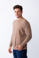 Men's Long Sleeve Classic Crew Neck Subtle Embossed Diagonal Line Pattern Across Front Textured Fabric Casual Every Day Wear Slim Fit Pullover