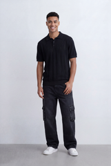 Men’s Tomato Store Knit Polo Openwork Vertical Texture Ribbed Trims Slim Fit T-Shirt