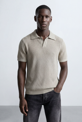 Men’s Tomato Store Ribbed Polo Knit Open Collar Design Vertical Texture Pattern Regular Tailored Fit T-Shirt