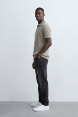 Men’s Tomato Store Ribbed Polo Knit Open Collar Design Vertical Texture Pattern Regular Tailored Fit T-Shirt