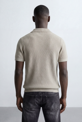Men’s Tomato Store Ribbed Polo Knit Open Collar Design Vertical Texture Pattern Regular Tailored Fit T-Shirt