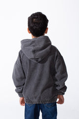 Boy's Denim Hood Dropped Shoulders Encased Elastic Cuffs And Hem Functional Front Pockets Oversize Jeans Jacket