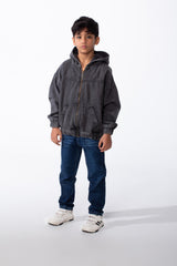 Boy's Denim Hood Dropped Shoulders Encased Elastic Cuffs And Hem Functional Front Pockets Oversize Jeans Jacket