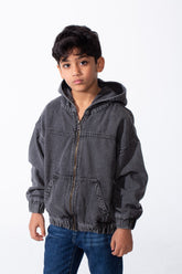 Boy's Denim Hood Dropped Shoulders Encased Elastic Cuffs And Hem Functional Front Pockets Oversize Jeans Jacket