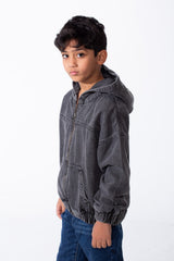 Boy's Denim Hood Dropped Shoulders Encased Elastic Cuffs And Hem Functional Front Pockets Oversize Jeans Jacket