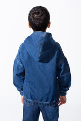 Boy's Denim Hood Dropped Shoulders Encased Elastic Cuffs And Hem Functional Front Pockets Oversize Jeans Jacket