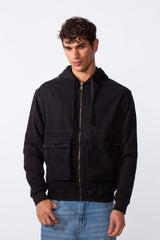 Men's Melton Sleeves Front Pockets Full Zip Hooded Jeans Jacket