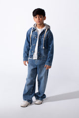 Boy’s Melton Hood Front Pockets Long Sleeve Denim Jeans Jacket