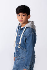 Boy’s Melton Hood Front Pockets Long Sleeve Denim Jeans Jacket