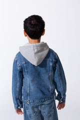 Boy’s Melton Hood Front Pockets Long Sleeve Denim Jeans Jacket
