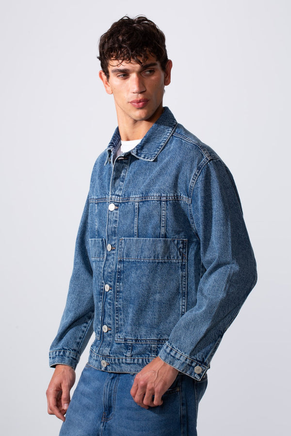 Men's Boxy Fit Front Pockets Jeans Denim Jacket