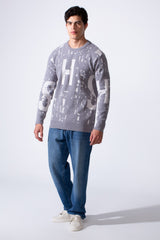 Men's Modern Crew Neck Slim Fit Textured With Artistic Print Pullover