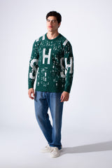 Men's Modern Crew Neck Slim Fit Textured With Artistic Print Pullover
