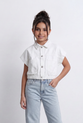 Girl's Sleeveless Cropped Jeans Vest With Elastic Hem And Boxy Design