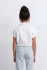 Girl's Sleeveless Cropped Jeans Vest With Elastic Hem And Boxy Design