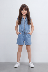 Girl's Tomato Store Zip Denim Reguler Fit Playsuit Washed Denim Texture Faded Grain Surface Front Zip Closure Elastic Drawcord Waist Jumpsuit