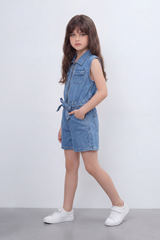 Girl's Tomato Store Zip Denim Reguler Fit Playsuit Washed Denim Texture Faded Grain Surface Front Zip Closure Elastic Drawcord Waist Jumpsuit