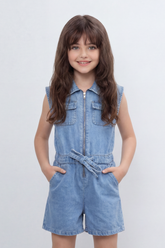 Girl's Tomato Store Zip Denim Reguler Fit Playsuit Washed Denim Texture Faded Grain Surface Front Zip Closure Elastic Drawcord Waist Jumpsuit