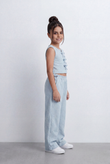 Girls Textured Co-Ord Set Sleeveless Crop Top With Front Bow Tie Details Embossed Fabric Elastic Waistband Outfit