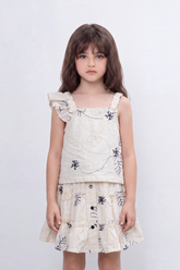 Girl's Tomato Store Meadow Stitch Slim Fit Outfit Set Raised Floral Embroidery Vine Line Artwork Over Textured Check Surface Ruffle Trim