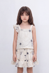 Girl's Tomato Store Meadow Stitch Slim Fit Outfit Set Raised Floral Embroidery Vine Line Artwork Over Textured Check Surface Ruffle Trim