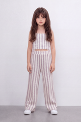 Girl's Tomato Store Linear Drift Reguler Co-Ord Set Vertical Stripe Print Over Raised Slub Texture Cropped Outfit