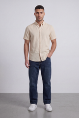 Men’s Tomato Store Shirt With Button Down Collar Short Sleeves Front Placket Texture Curved Hem Regular Fit