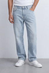 Men’s Tomato Store Light Wash Relaxed Denim Loose Straight Leg Construction Classic Five Pocket