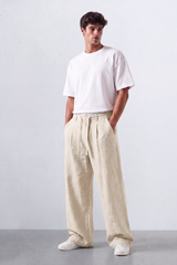 Men’s Tomato Store Pleat Breeze Wide Oversize Linen Pants Slub Grain Texture Runs Vertically Through The Body Front Pleat Detail