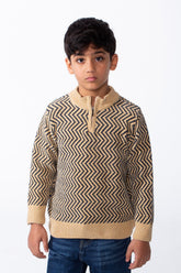 Boy's Quarter Zip All Over Chevron Jakar Pattern Ribbed Mock Neck Cuffs And Hem Cozy Knit Pullover
