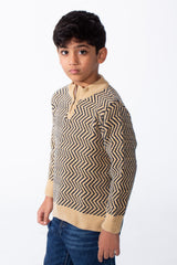 Boy's Quarter Zip All Over Chevron Jakar Pattern Ribbed Mock Neck Cuffs And Hem Cozy Knit Pullover