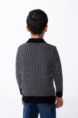 Boy's Quarter Zip All Over Chevron Jakar Pattern Ribbed Mock Neck Cuffs And Hem Cozy Knit Pullover