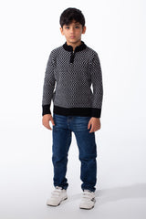 Boy's Quarter Zip All Over Chevron Jakar Pattern Ribbed Mock Neck Cuffs And Hem Cozy Knit Pullover