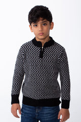 Boy's Quarter Zip All Over Chevron Jakar Pattern Ribbed Mock Neck Cuffs And Hem Cozy Knit Pullover