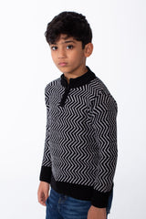 Boy's Quarter Zip All Over Chevron Jakar Pattern Ribbed Mock Neck Cuffs And Hem Cozy Knit Pullover