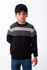 Boy's Crew Neck Knit Horizontal Stripes Fine-Rib Collar Cuffs Pullover