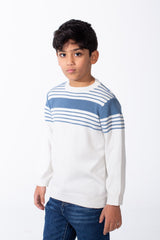 Boy's Crew Neck Knit Horizontal Stripes Fine-Rib Collar Cuffs Pullover