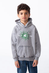 Boy's Classic Kangaroo Pocket With Acid-Wash Chest Distressed Explosive Green Graphic Sweatshirt