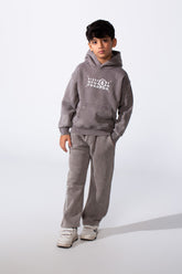 Boy's Slim Fit Long Sleeve Kangaroo Pocket Chest Print Washed Pattern Melton Set Hooded Casual Outfit