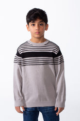 Boy's Refined Fine-Knit Yarn Fine And Bold Multi Stripe Design Slim Fit Pullover