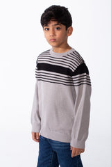 Boy's Refined Fine-Knit Yarn Fine And Bold Multi Stripe Design Slim Fit Pullover