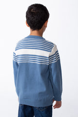 Boy's Refined Fine-Knit Yarn Fine And Bold Multi Stripe Design Slim Fit Pullover