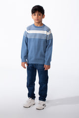 Boy's Refined Fine-Knit Yarn Fine And Bold Multi Stripe Design Slim Fit Pullover