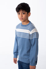 Boy's Refined Fine-Knit Yarn Fine And Bold Multi Stripe Design Slim Fit Pullover