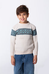 Boy's Slim Fit Modern Jakar Round Neck Pullover