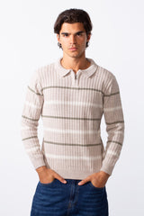 Men's Half Zipper Polo Neck Striped Slim Fit Pullover