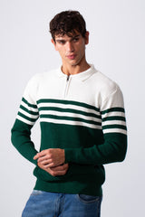 Men's Striped Half Zipper Polo Neck Slim Fit Pullover